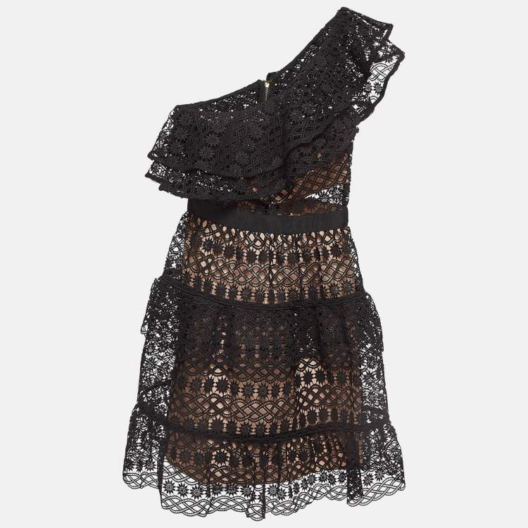 Pre Owned Self-Portrait Black Lace Overlay One-Shoulder Mini Dress S