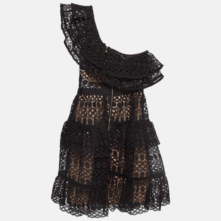 Pre Owned Self-Portrait Black Lace Overlay One-Shoulder Mini Dress S