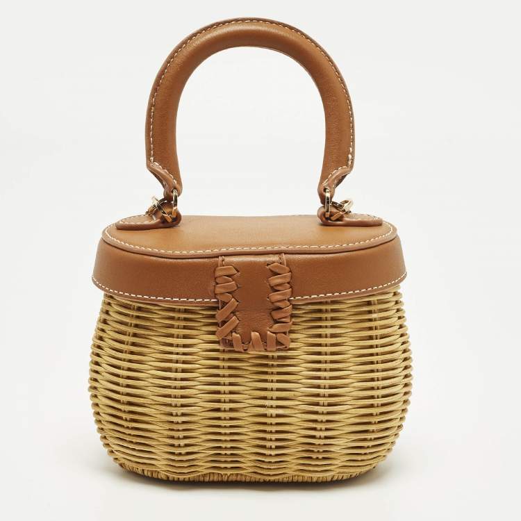 Pre Owned Self-Portrait Bow Brown/Cream Leather and Rattan Basket Bag