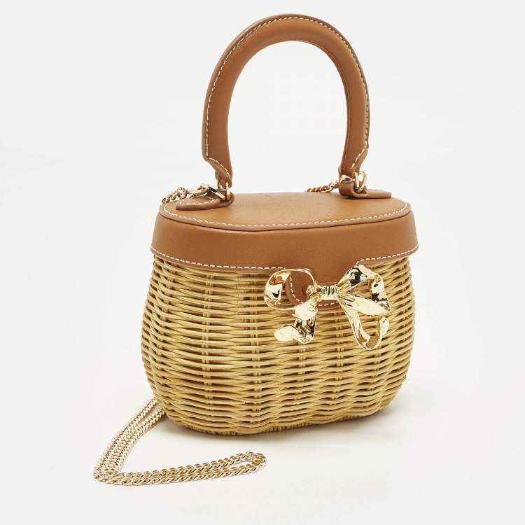 Pre Owned Self-Portrait Bow Brown/Cream Leather and Rattan Basket Bag