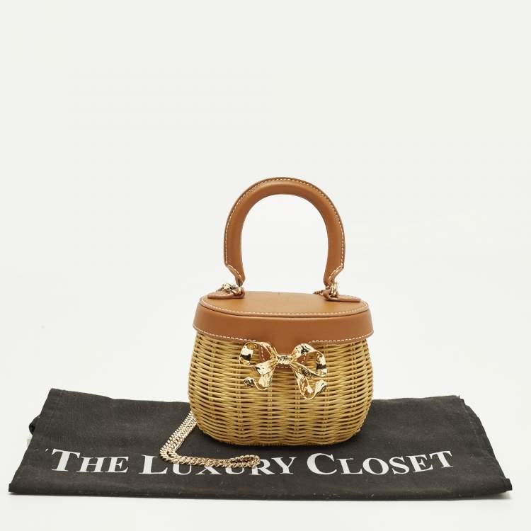 Pre Owned Self-Portrait Bow Brown/Cream Leather and Rattan Basket Bag