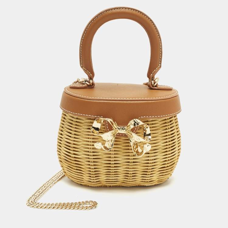 Pre Owned Self-Portrait Bow Brown/Cream Leather and Rattan Basket Bag