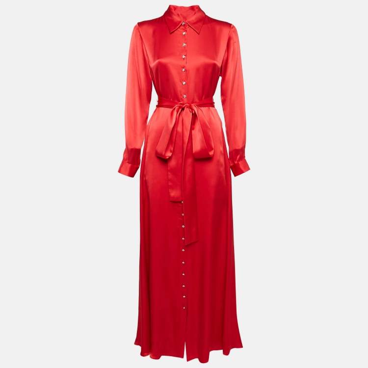 Pre Owned Semsem Red Satin Silk Button Front Belted Maxi Dress S