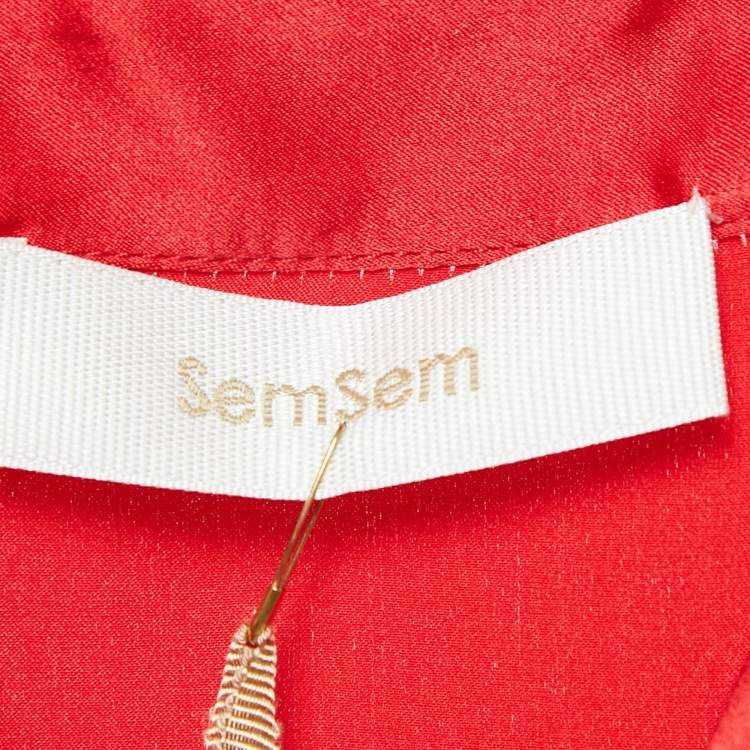 Pre Owned Semsem Red Satin Silk Button Front Belted Maxi Dress S