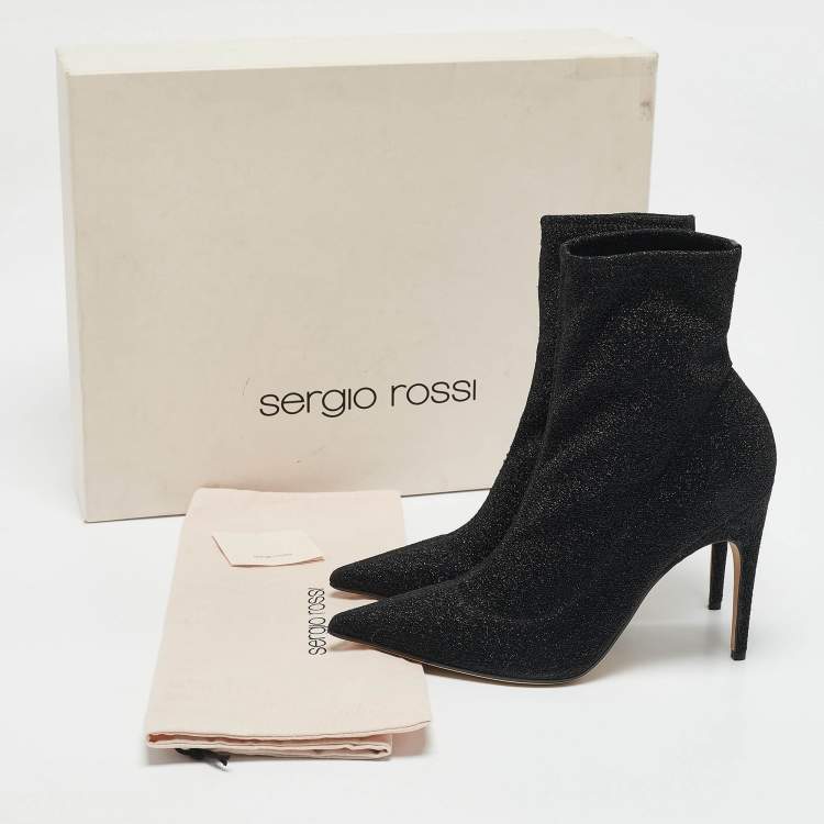 Pre Owned Sergio Rossi Black Lurex Fabric Sock Ankle Length Boots Size 39