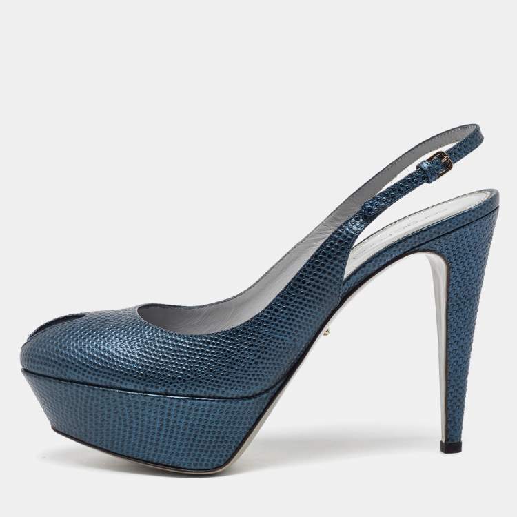 Pre Owned Sergio Rossi Blue Iguana Embossed Leather Platform Slingback Pumps Size 39.5