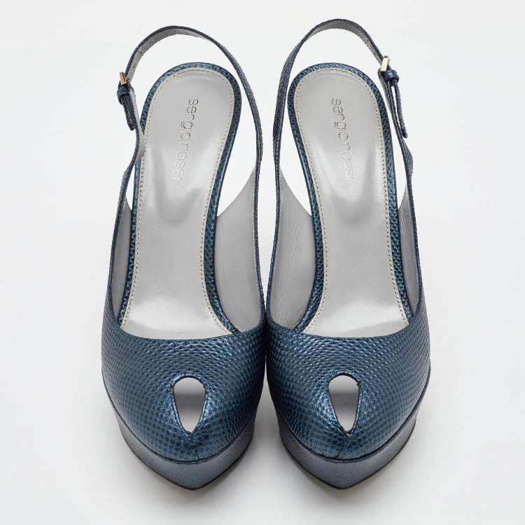 Pre Owned Sergio Rossi Blue Iguana Embossed Leather Platform Slingback Pumps Size 39.5