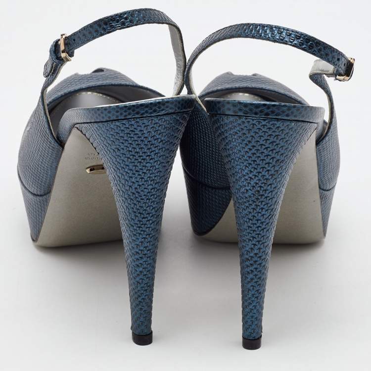 Pre Owned Sergio Rossi Blue Iguana Embossed Leather Platform Slingback Pumps Size 39.5