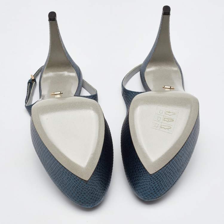 Pre Owned Sergio Rossi Blue Iguana Embossed Leather Platform Slingback Pumps Size 39.5
