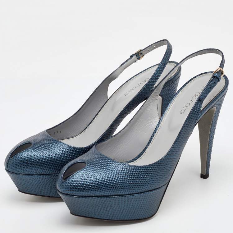 Pre Owned Sergio Rossi Blue Iguana Embossed Leather Platform Slingback Pumps Size 39.5