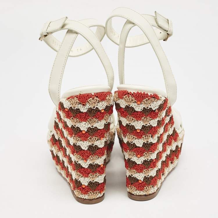 Pre Owned Sergio Rossi Cream Leather And Fabric Platform Wedge Knotted Ankle Strap Sandals Size 36
