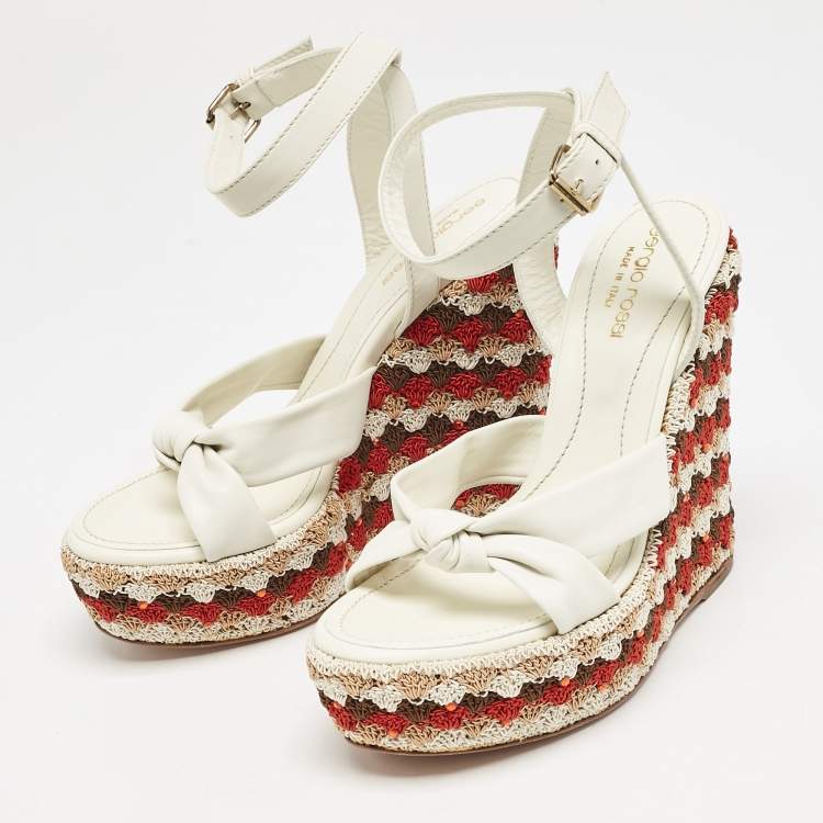 Pre Owned Sergio Rossi Cream Leather And Fabric Platform Wedge Knotted Ankle Strap Sandals Size 36