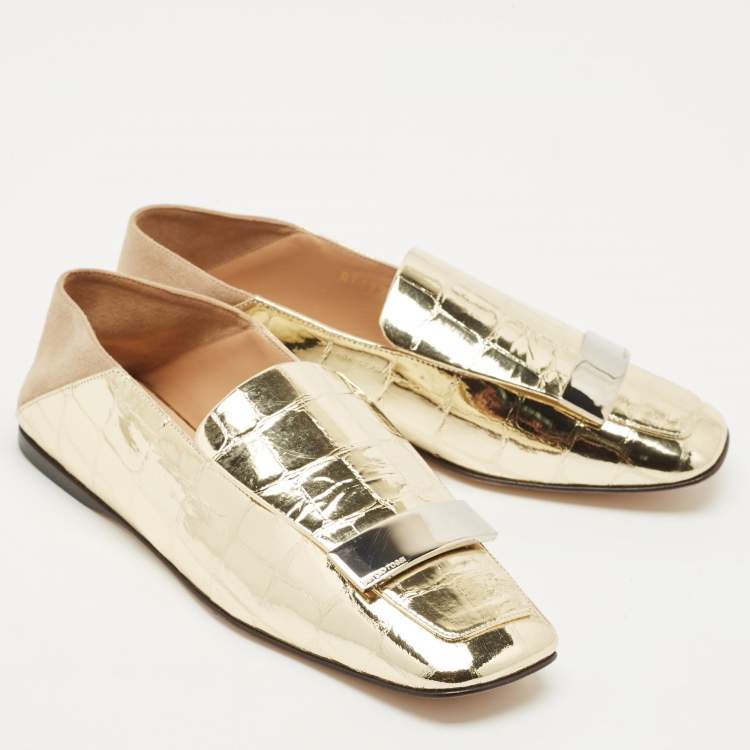 Pre Owned Sergio Rossi Gold Croc Embossed Leather SR1 Loafers Size 36.5