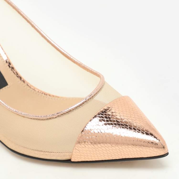 Pre Owned Sergio Rossi Rose Gold Mesh and Python Embossed Leather Pumps Size 37