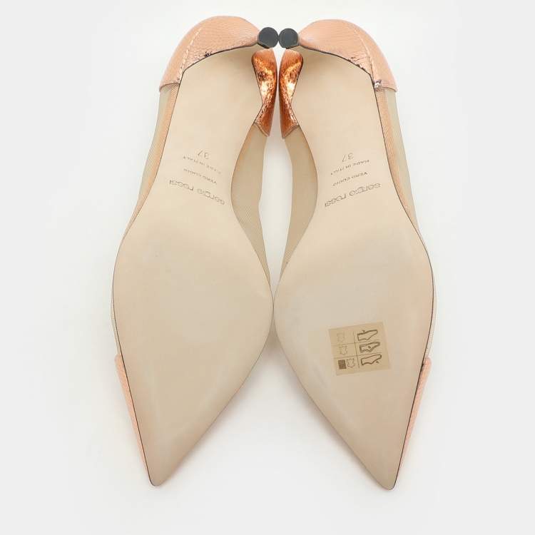 Pre Owned Sergio Rossi Rose Gold Mesh and Python Embossed Leather Pumps Size 37