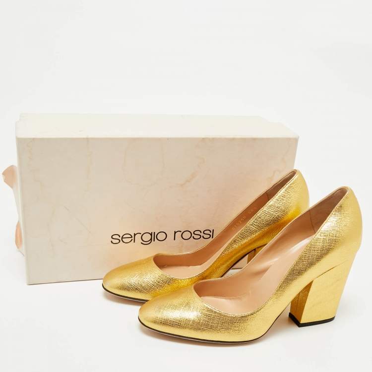 Pre Owned Sergio Rossi Gold Textured Leather Round Toe Pumps Size 36.5