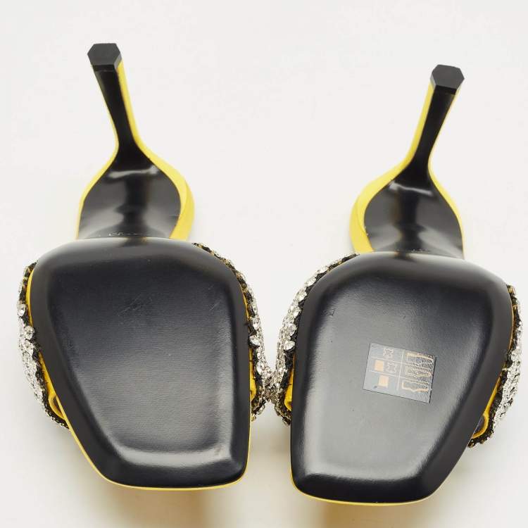 Pre Owned Sergio Rossi Yellow Satin Evangelie Crystal Embellished  Slide Sandals Size 38