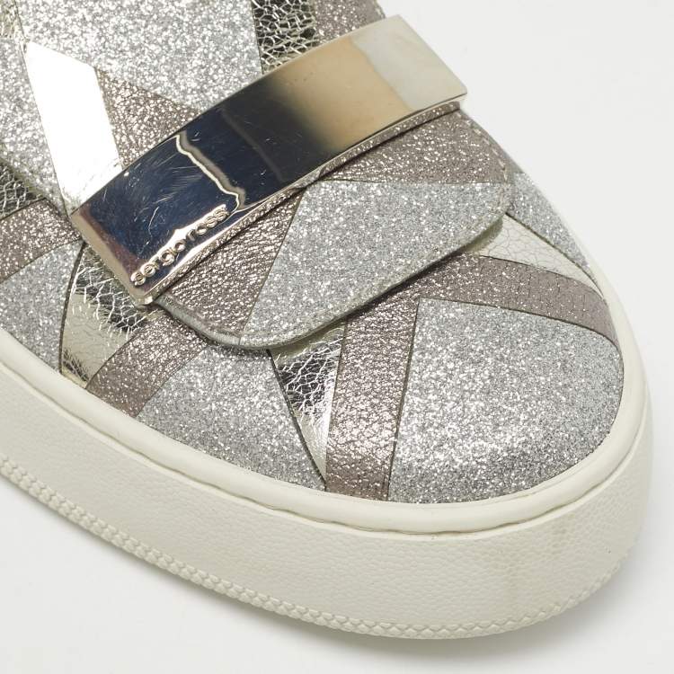 Pre Owned Sergio Rossi Silver Glitter and Leather Blair Sneakers Size 41