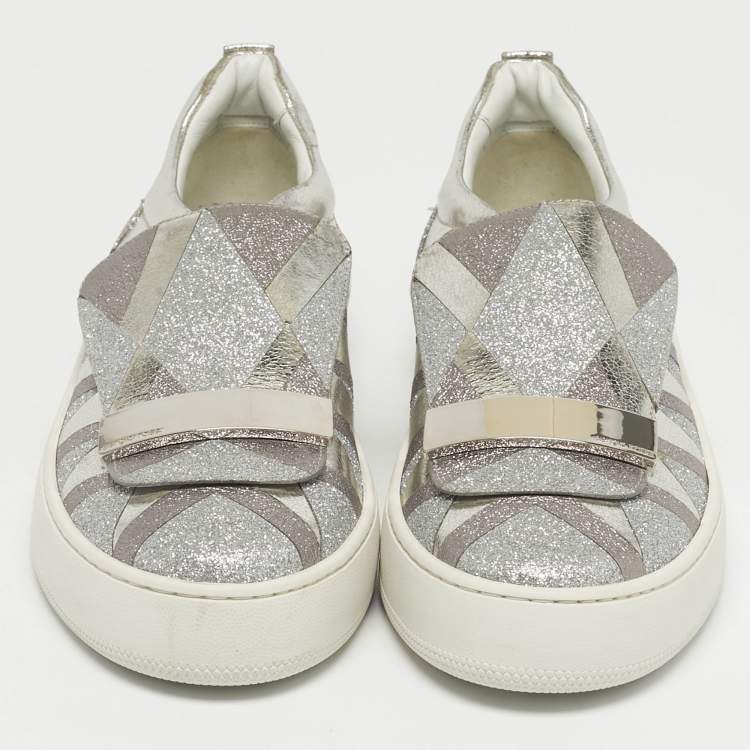 Pre Owned Sergio Rossi Silver Glitter and Leather Blair Sneakers Size 41