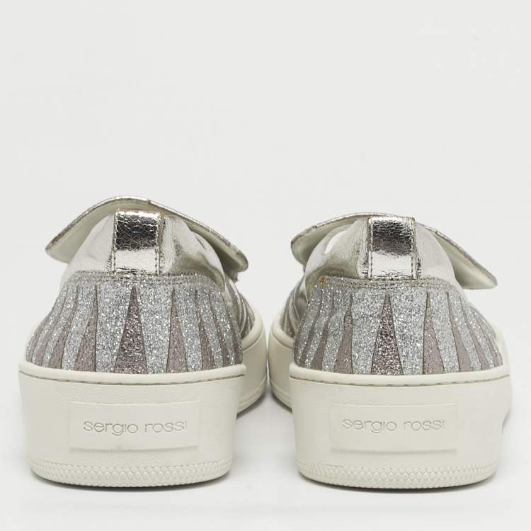 Pre Owned Sergio Rossi Silver Glitter and Leather Blair Sneakers Size 41
