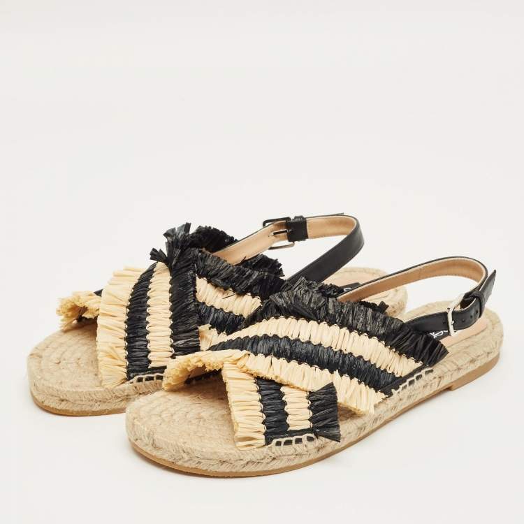 Pre Owned Sergio Rossi Beige/Black Raffia and Leather Kauai Espadrille Sandals Size 41