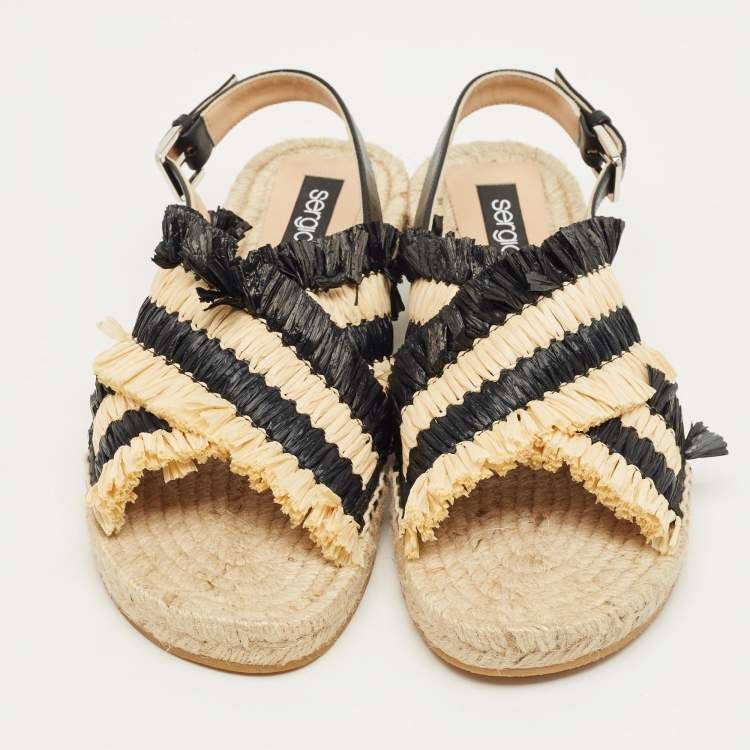 Pre Owned Sergio Rossi Beige/Black Raffia and Leather Kauai Espadrille Sandals Size 41