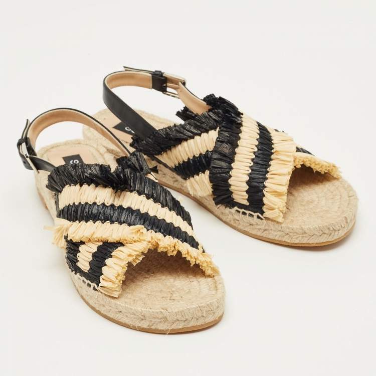 Pre Owned Sergio Rossi Beige/Black Raffia and Leather Kauai Espadrille Sandals Size 41