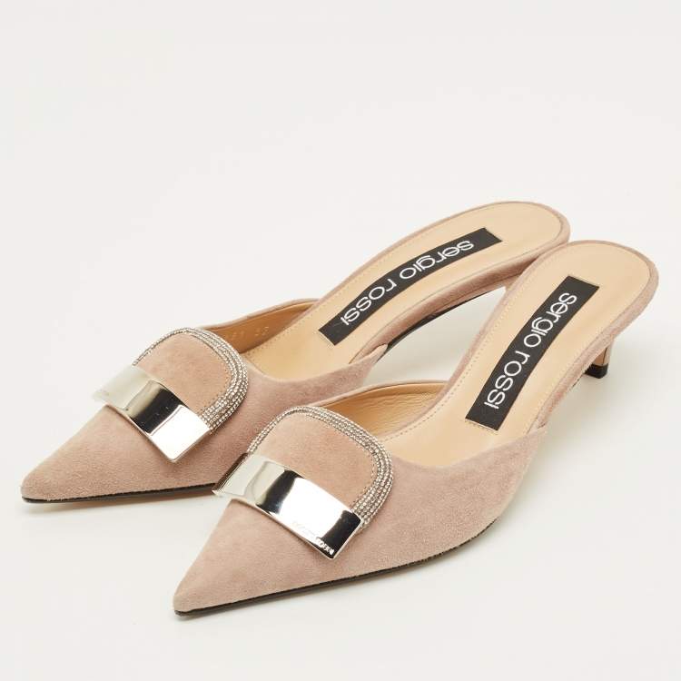 Pre Owned Sergio Rossi Size 37 Beige Suede Crystal Embellished Pointed Toe Mules