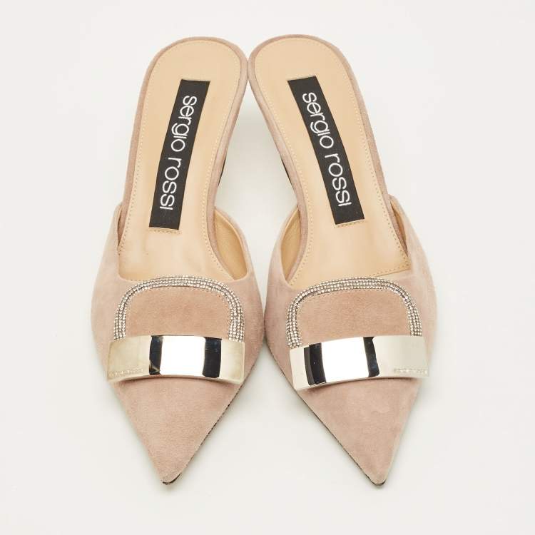 Pre Owned Sergio Rossi Size 37 Beige Suede Crystal Embellished Pointed Toe Mules