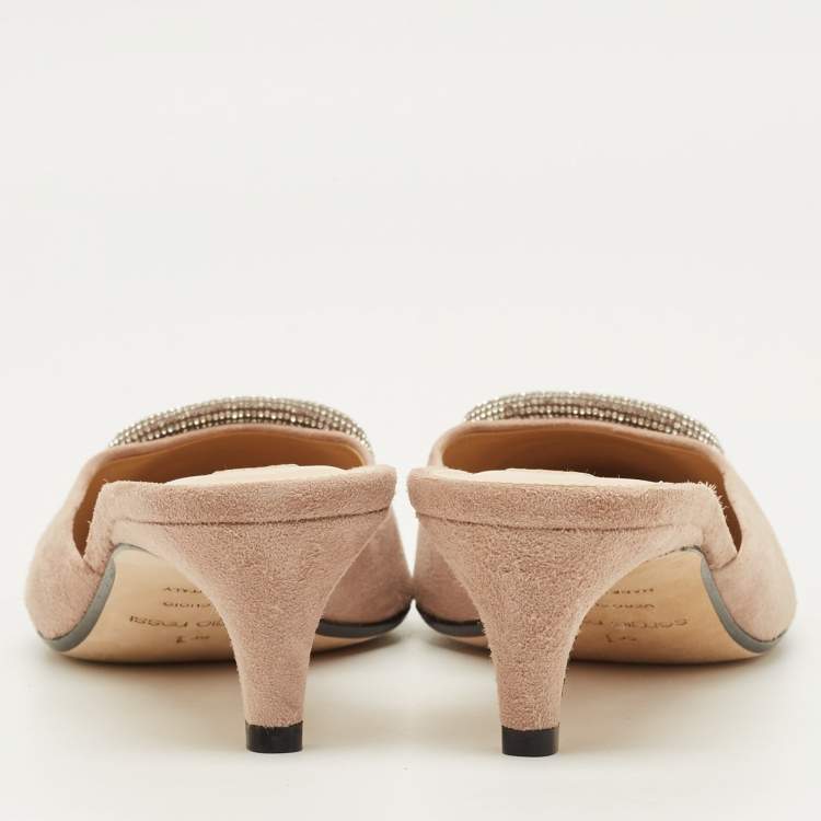Pre Owned Sergio Rossi Size 37 Beige Suede Crystal Embellished Pointed Toe Mules