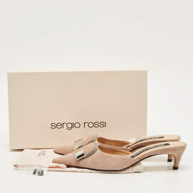 Pre Owned Sergio Rossi Size 37 Beige Suede Crystal Embellished Pointed Toe Mules