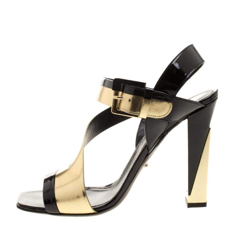 Pre Owned Sergio Rossi Black Patent And Metallic Gold Leather Zed Peep Toe Sandals Size 40