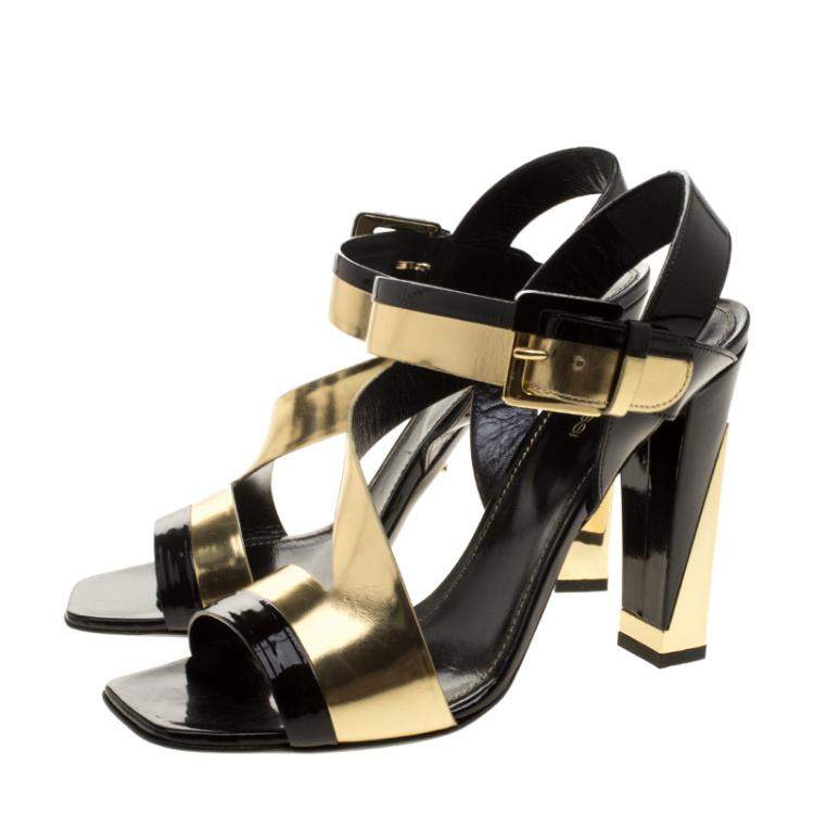 Pre Owned Sergio Rossi Black Patent And Metallic Gold Leather Zed Peep Toe Sandals Size 40