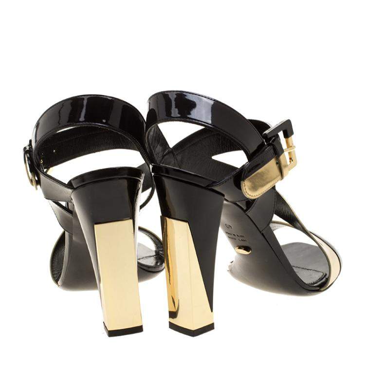 Pre Owned Sergio Rossi Black Patent And Metallic Gold Leather Zed Peep Toe Sandals Size 40