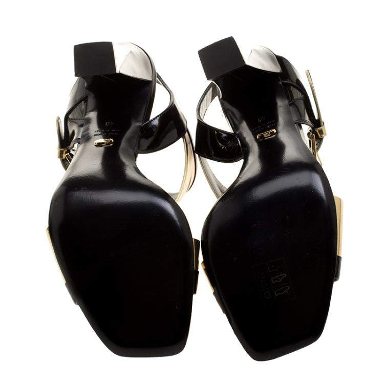 Pre Owned Sergio Rossi Black Patent And Metallic Gold Leather Zed Peep Toe Sandals Size 40