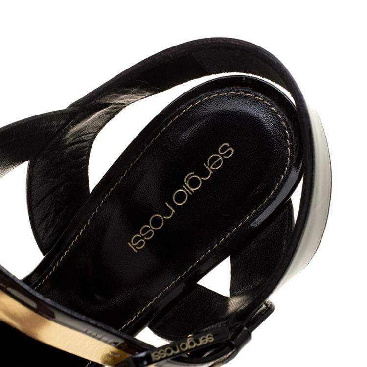 Pre Owned Sergio Rossi Black Patent And Metallic Gold Leather Zed Peep Toe Sandals Size 40