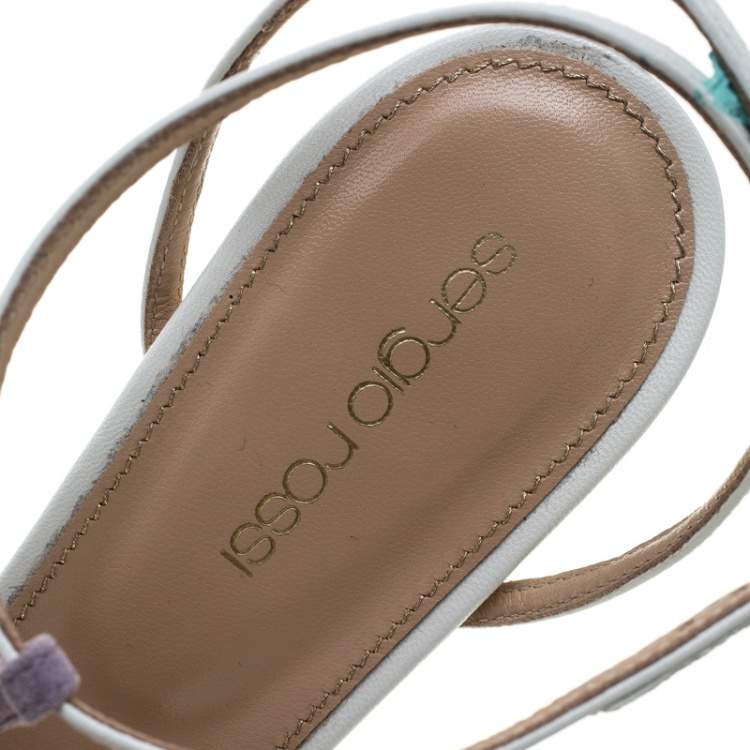 Pre Owned Sergio Rossi Purple/White Suede and Leather T-Strap Sandals Size 38.5