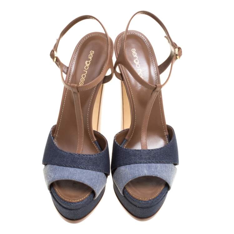 Pre Owned Sergio Rossi Brown/Blue Denim and Leather Platform Sandals Size 39.5