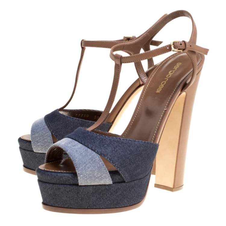 Pre Owned Sergio Rossi Brown/Blue Denim and Leather Platform Sandals Size 39.5