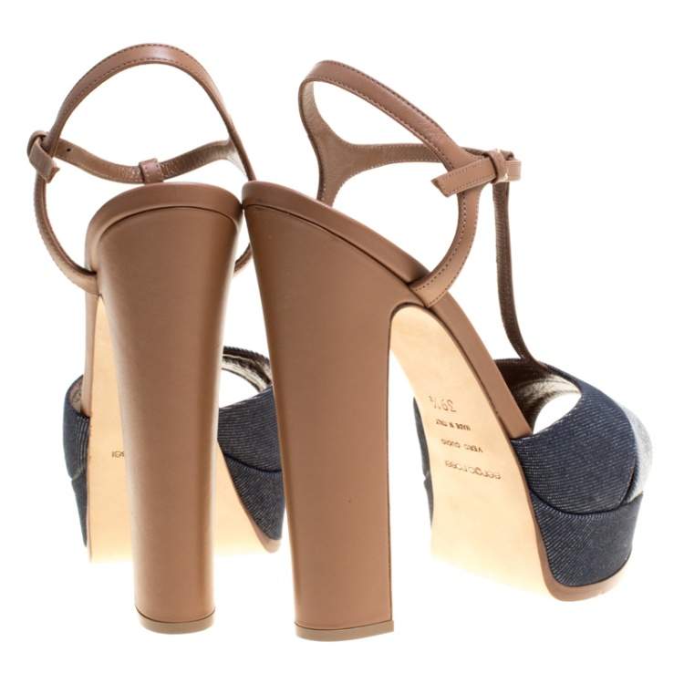 Pre Owned Sergio Rossi Brown/Blue Denim and Leather Platform Sandals Size 39.5