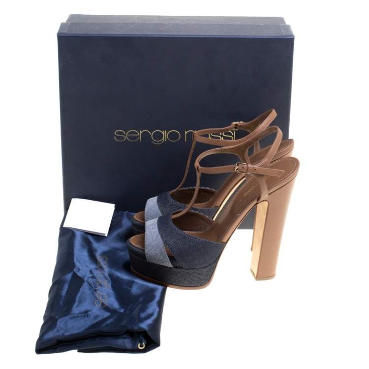 Pre Owned Sergio Rossi Brown/Blue Denim and Leather Platform Sandals Size 39.5