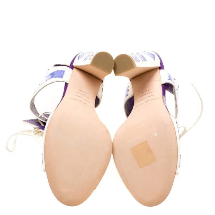 Pre Owned Sergio Rossi White Leather With Purple Cut Out Detail Peep Toe Sandals Size 36.5