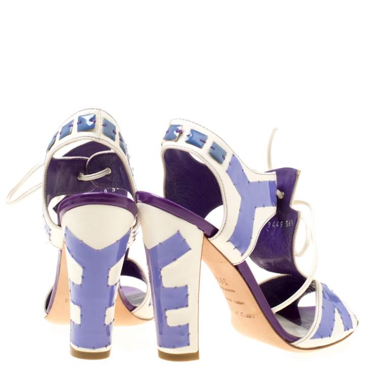 Pre Owned Sergio Rossi White Leather With Purple Cut Out Detail Peep Toe Sandals Size 36.5