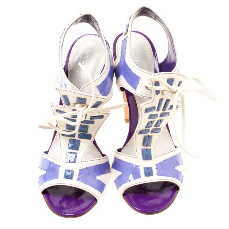 Pre Owned Sergio Rossi White Leather With Purple Cut Out Detail Peep Toe Sandals Size 36.5