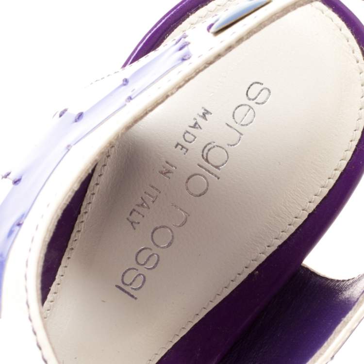 Pre Owned Sergio Rossi White Leather With Purple Cut Out Detail Peep Toe Sandals Size 36.5