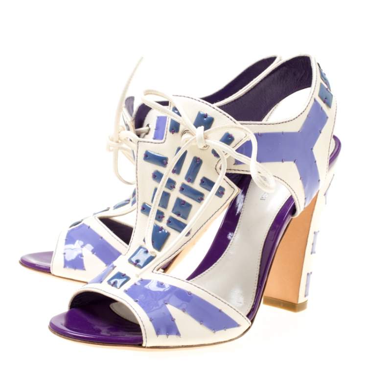 Pre Owned Sergio Rossi White Leather With Purple Cut Out Detail Peep Toe Sandals Size 36.5