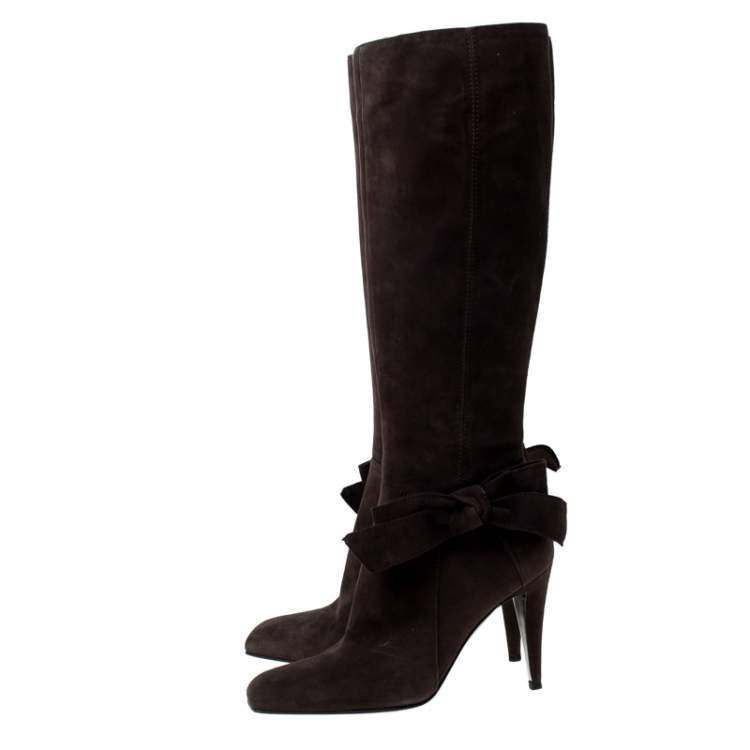 Pre Owned Sergio Rossi Dark Brown Suede Bow Knee High Boots Size 37.5