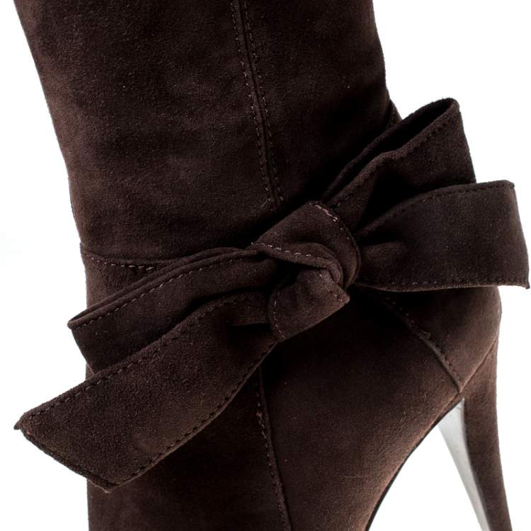 Pre Owned Sergio Rossi Dark Brown Suede Bow Knee High Boots Size 37.5