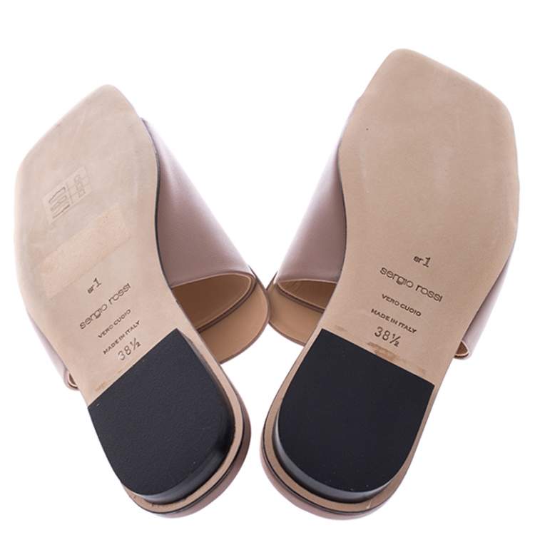 Pre Owned Sergio Rossi Beige Leather SR1 Flat Mules Size 38.5