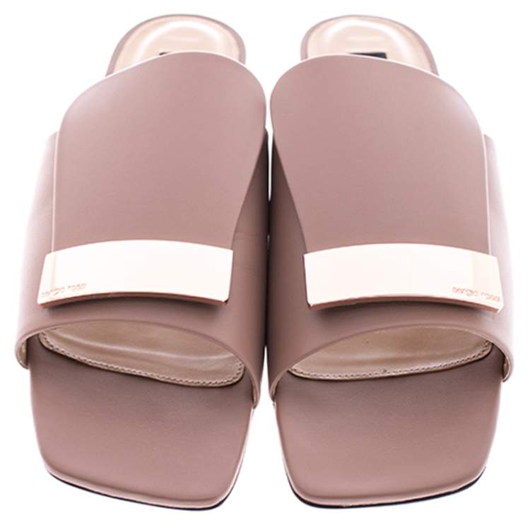 Pre Owned Sergio Rossi Beige Leather SR1 Flat Mules Size 38.5